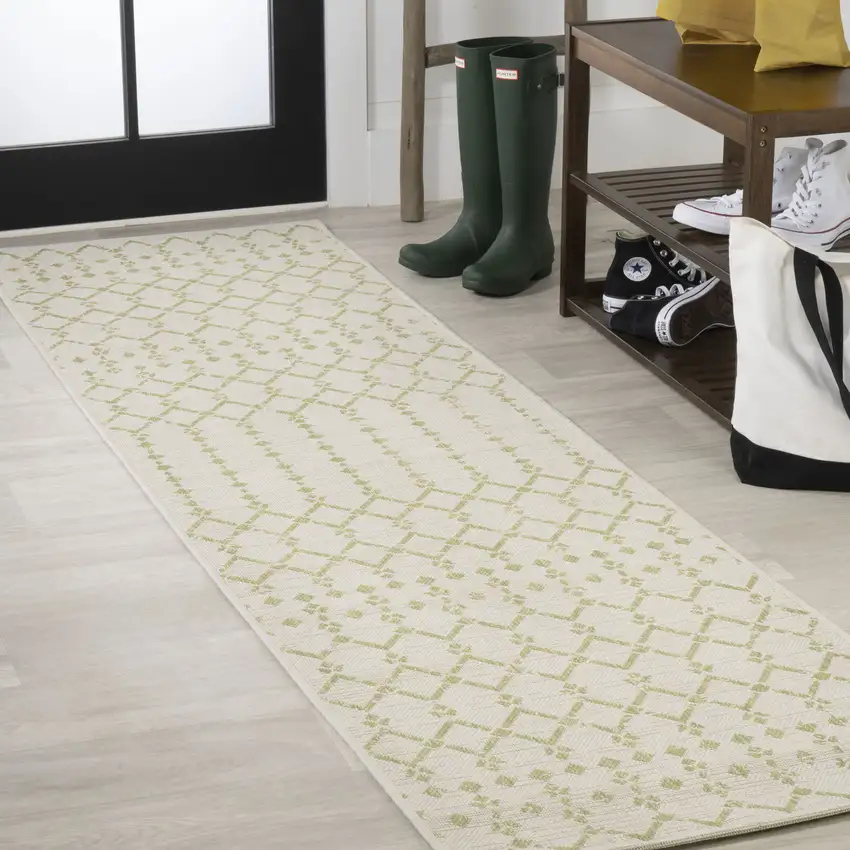 8' Cream And Green Trellis Indoor Outdoor Runner Rug Photo 3