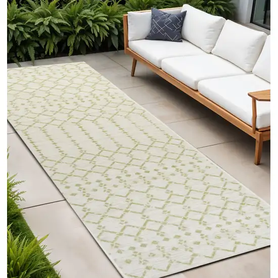 8' Cream And Green Trellis Indoor Outdoor Runner Rug Photo 1