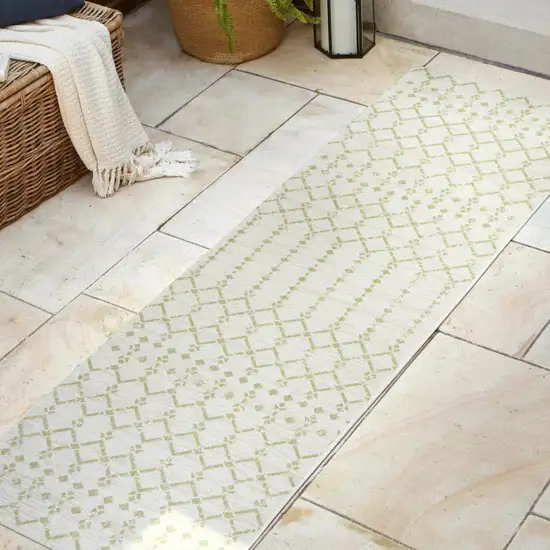 8' Cream And Green Trellis Indoor Outdoor Runner Rug Photo 4