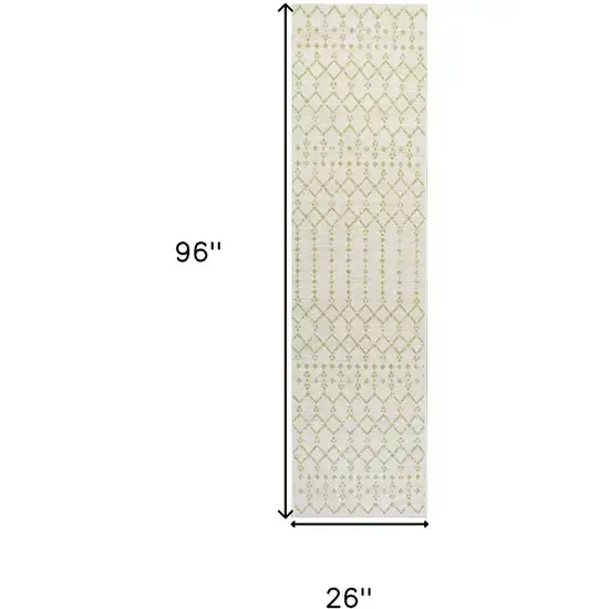 8' Cream And Green Trellis Indoor Outdoor Runner Rug Photo 4