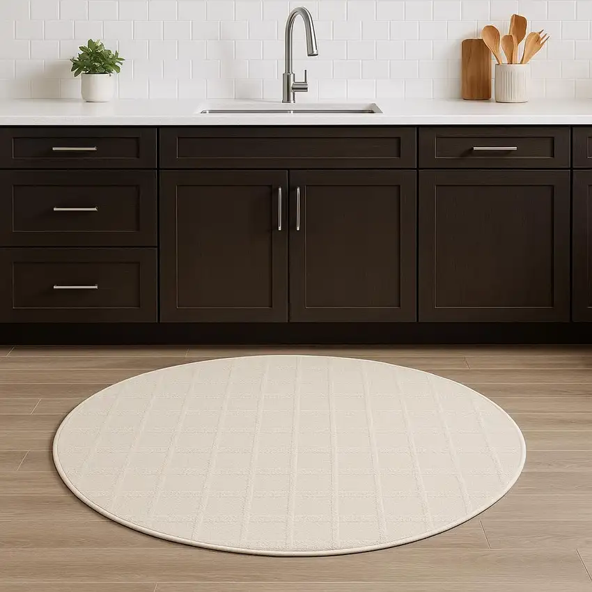 4' Cream And Ivory Geometric Round Rug Photo 1