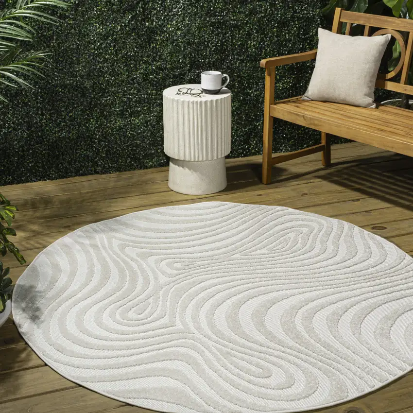 9' Cream And Ivory Round Abstract Indoor Outdoor Area Rug Photo 5