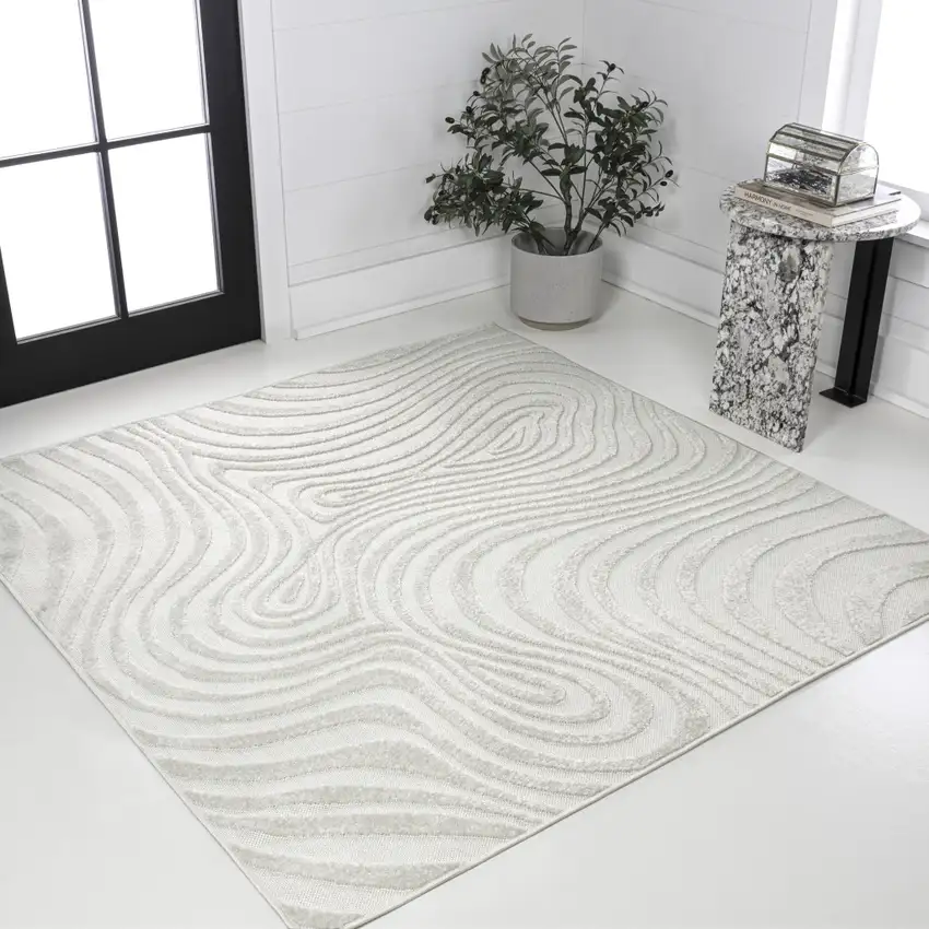 5' Cream And Ivory Square Abstract Indoor Outdoor Area Rug Photo 4