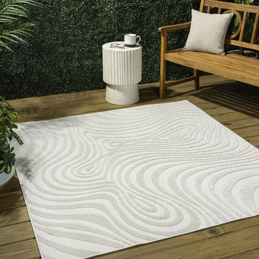 8' Cream And Ivory Square Abstract Indoor Outdoor Area Rug Photo 5