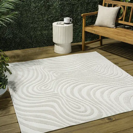 9' Cream And Ivory Square Abstract Indoor Outdoor Area Rug Photo 5