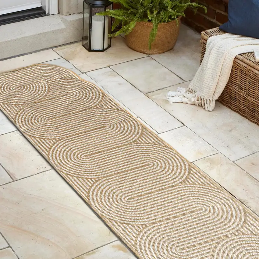 8' Cream And Natural Abstract Indoor Outdoor Runner Rug Photo 6