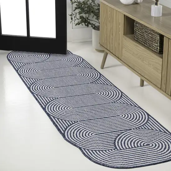 8' Cream And Navy Blue Abstract Indoor Outdoor Runner Rug Photo 4
