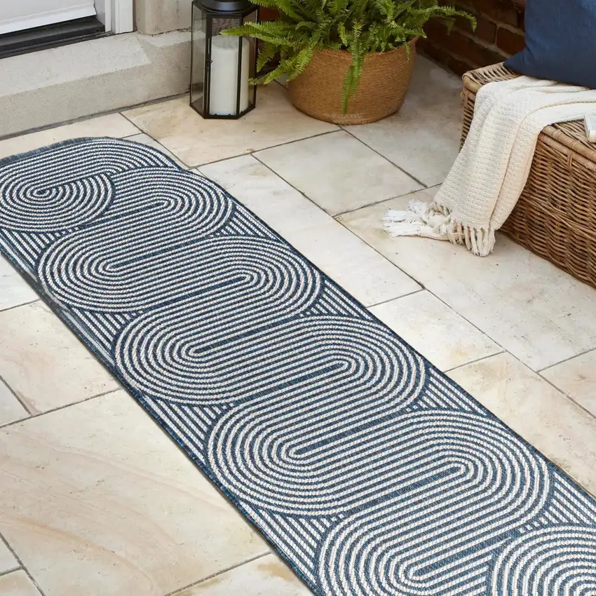8' Cream And Navy Blue Abstract Indoor Outdoor Runner Rug Photo 6