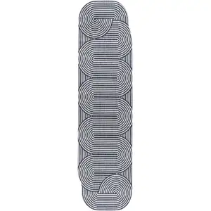 Photo of 8' Cream And Navy Blue Abstract Indoor Outdoor Runner Rug