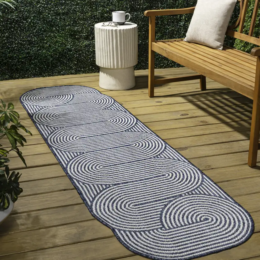 8' Cream And Navy Blue Abstract Indoor Outdoor Runner Rug Photo 5