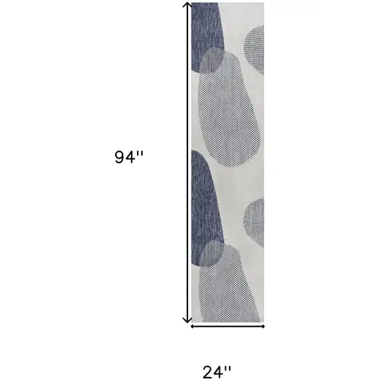 8' Cream And Navy Blue Geometric Indoor Outdoor Runner Rug Photo 9