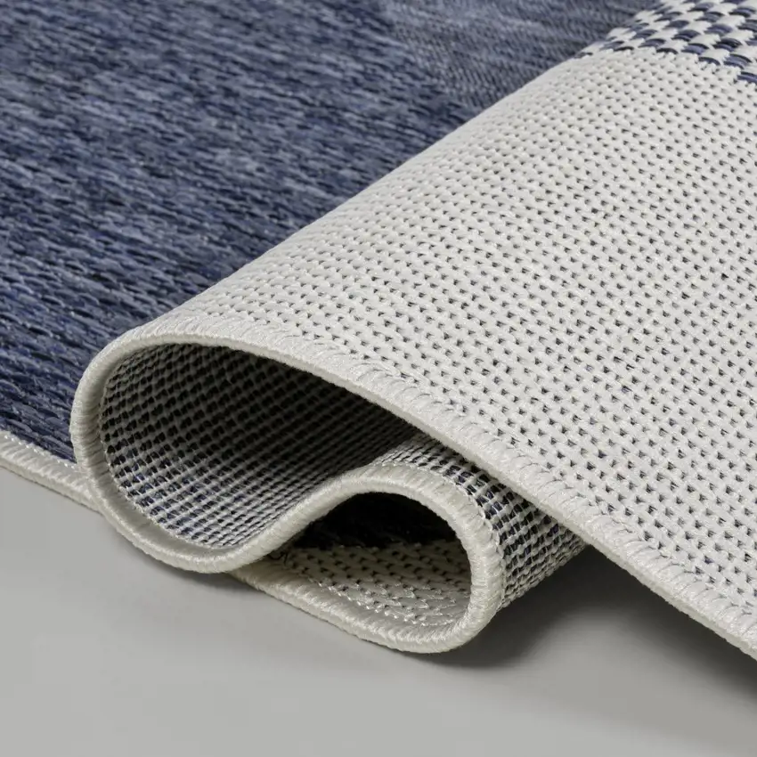 8' Cream And Navy Blue Geometric Indoor Outdoor Runner Rug Photo 8