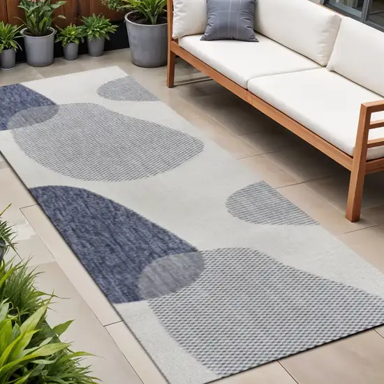 8' Cream And Navy Blue Geometric Indoor Outdoor Runner Rug Photo 1