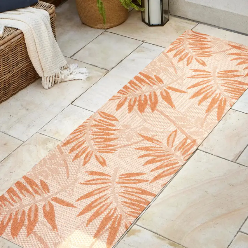 8' Cream And Orange Floral Indoor Outdoor Runner Rug Photo 4