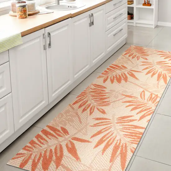 8' Cream And Orange Floral Indoor Outdoor Runner Rug Photo 5