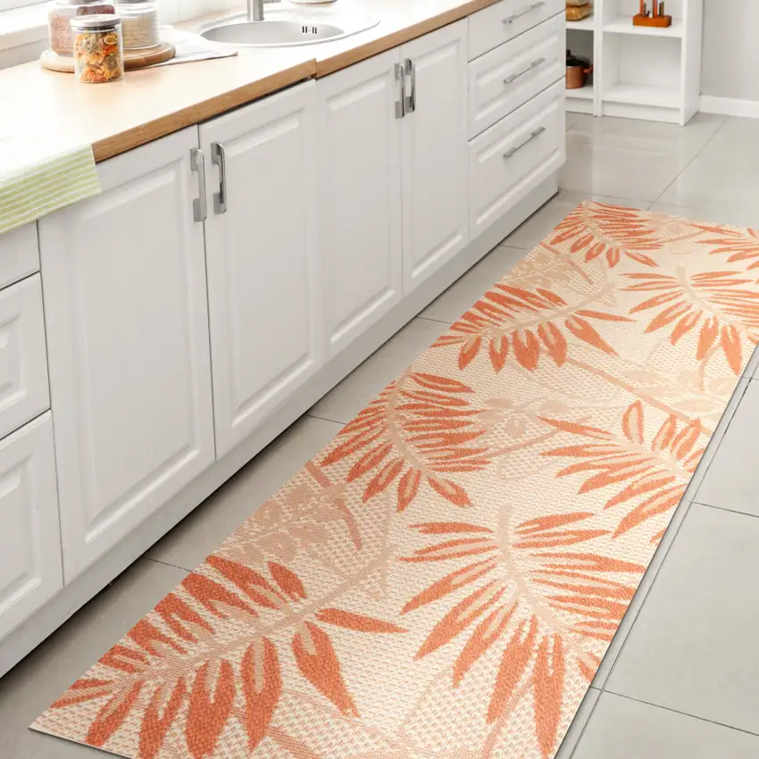 8' Cream And Orange Floral Indoor Outdoor Runner Rug Photo 5