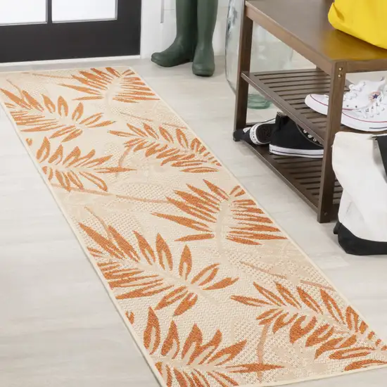 8' Cream And Orange Floral Indoor Outdoor Runner Rug Photo 3