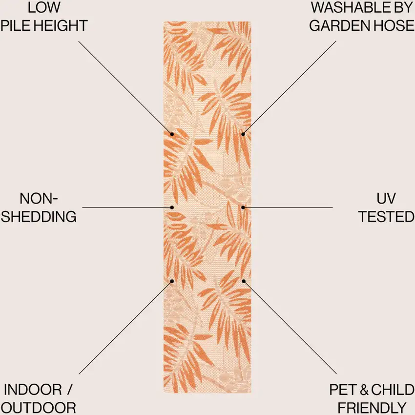 8' Cream And Orange Floral Indoor Outdoor Runner Rug Photo 7