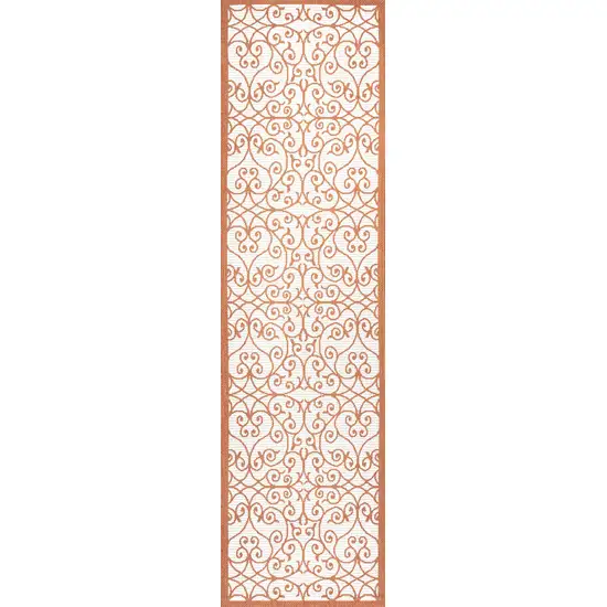 10' Cream And Orange Geometric Indoor Outdoor Runner Rug Photo 3