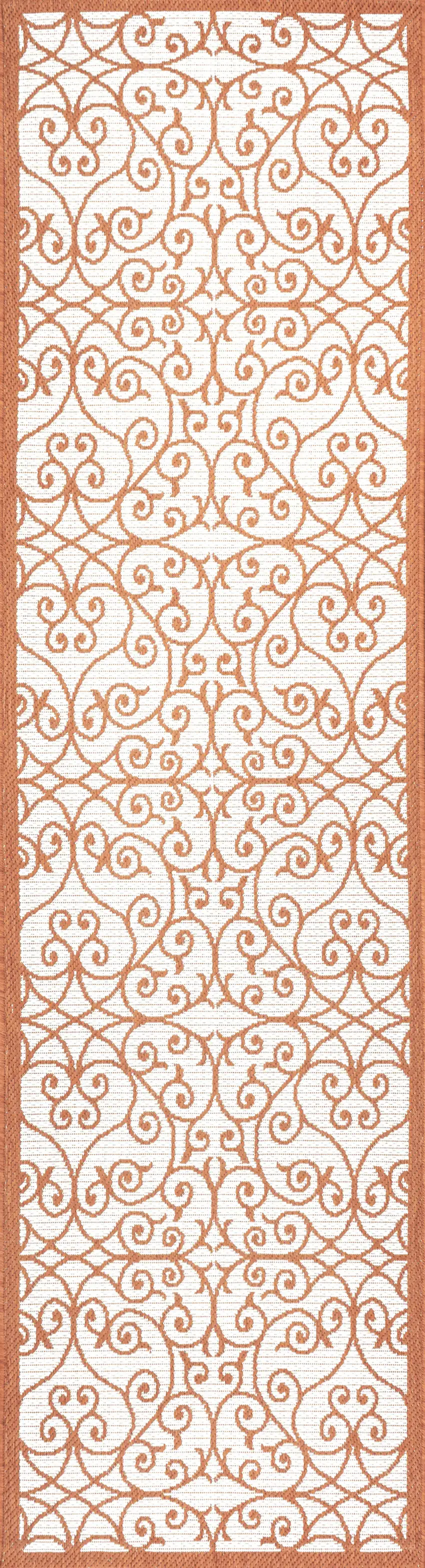 10' Cream And Orange Geometric Indoor Outdoor Runner Rug Photo 3