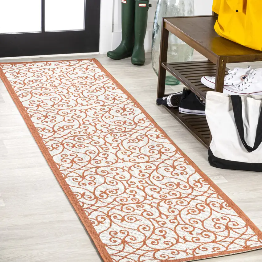 10' Cream And Orange Geometric Indoor Outdoor Runner Rug Photo 4