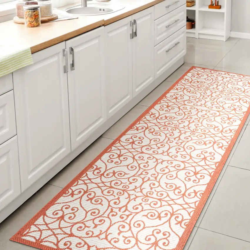 10' Cream And Orange Geometric Indoor Outdoor Runner Rug Photo 6