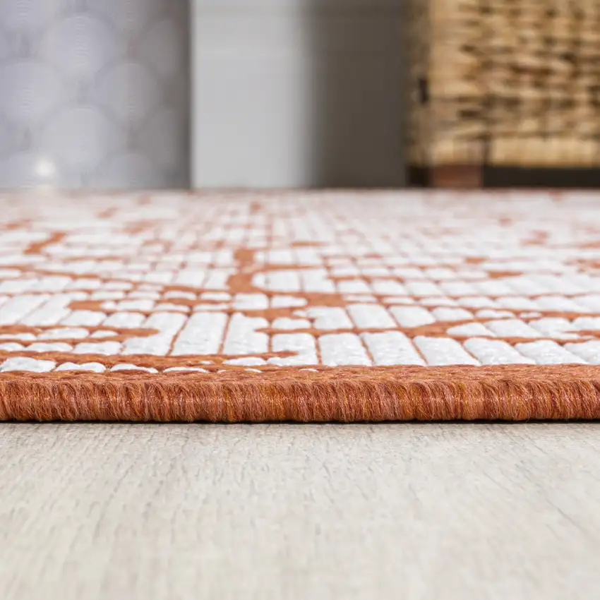 10' Cream And Orange Geometric Indoor Outdoor Runner Rug Photo 9