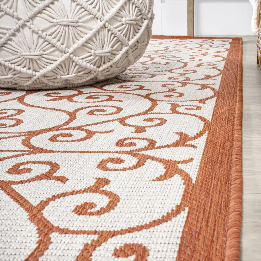 8' Cream And Orange Geometric Indoor Outdoor Runner Rug Photo 7