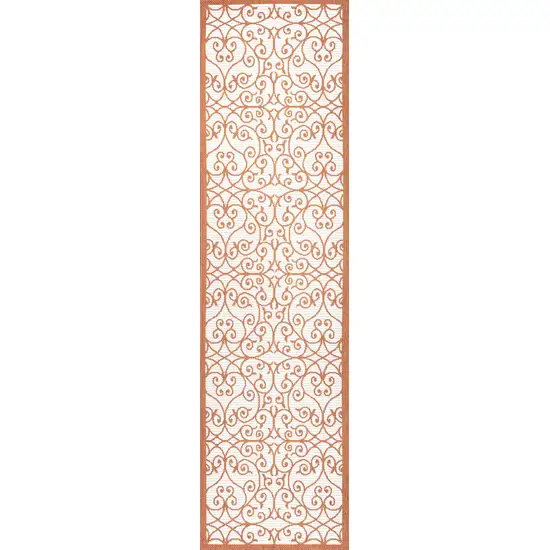 8' Cream And Orange Geometric Indoor Outdoor Runner Rug Photo 1