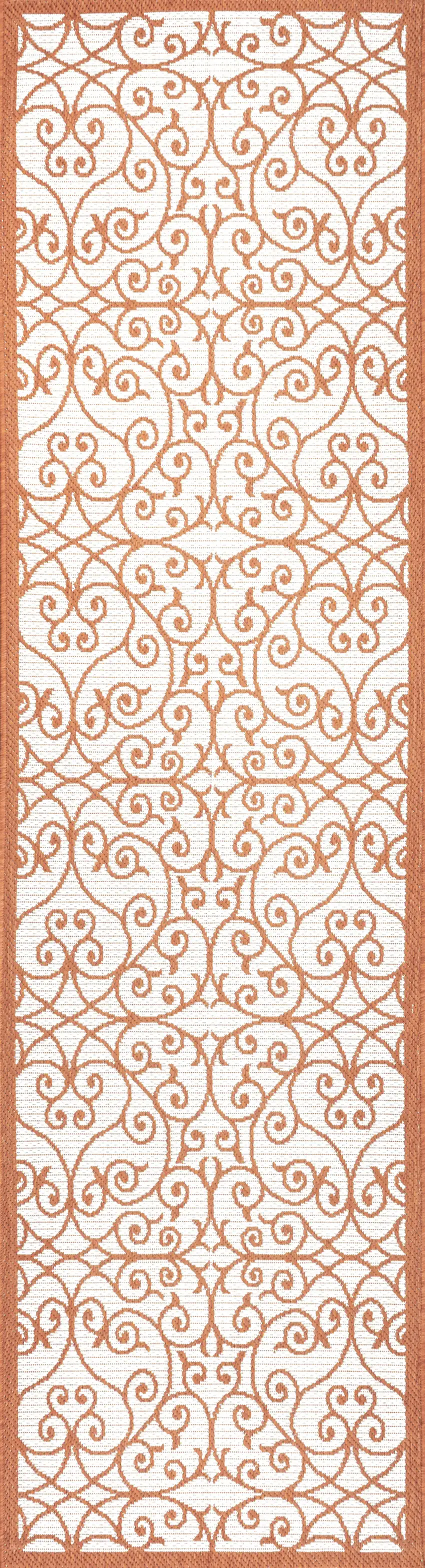 8' Cream And Orange Geometric Indoor Outdoor Runner Rug Photo 1