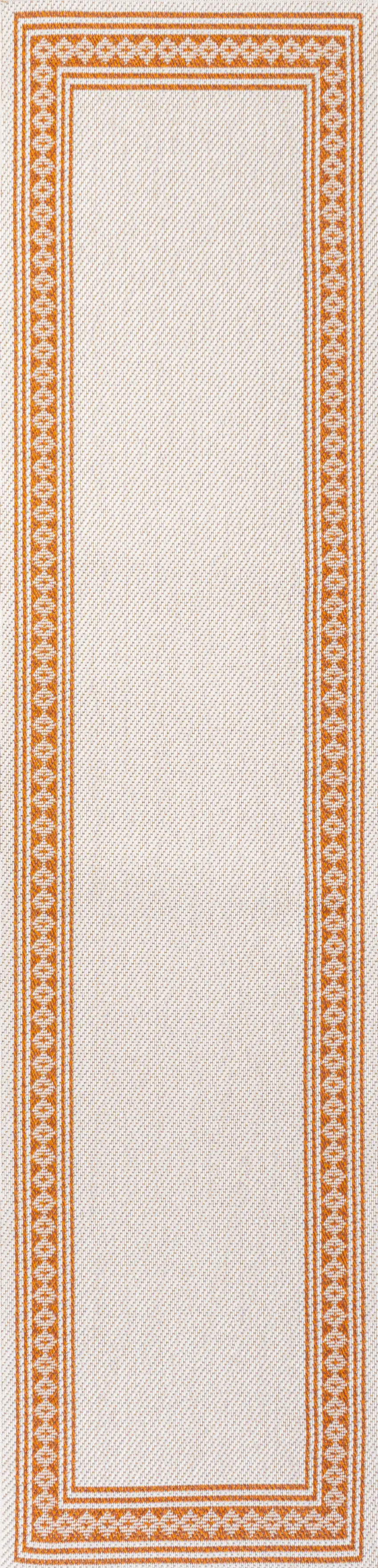 8' Cream And Orange Indoor Outdoor Runner Rug Photo 1