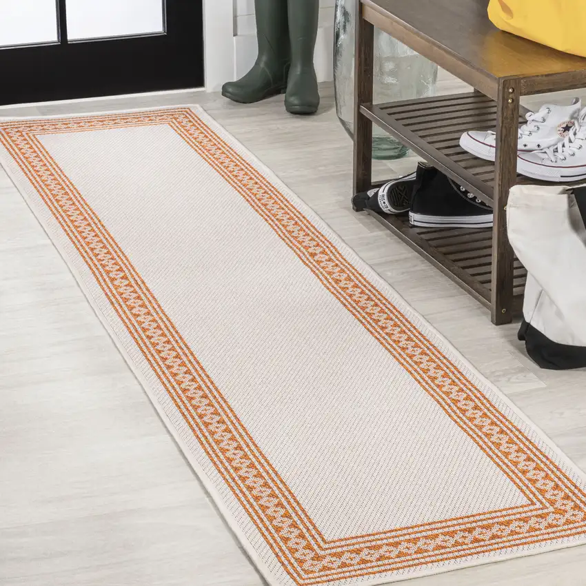 8' Cream And Orange Indoor Outdoor Runner Rug Photo 4