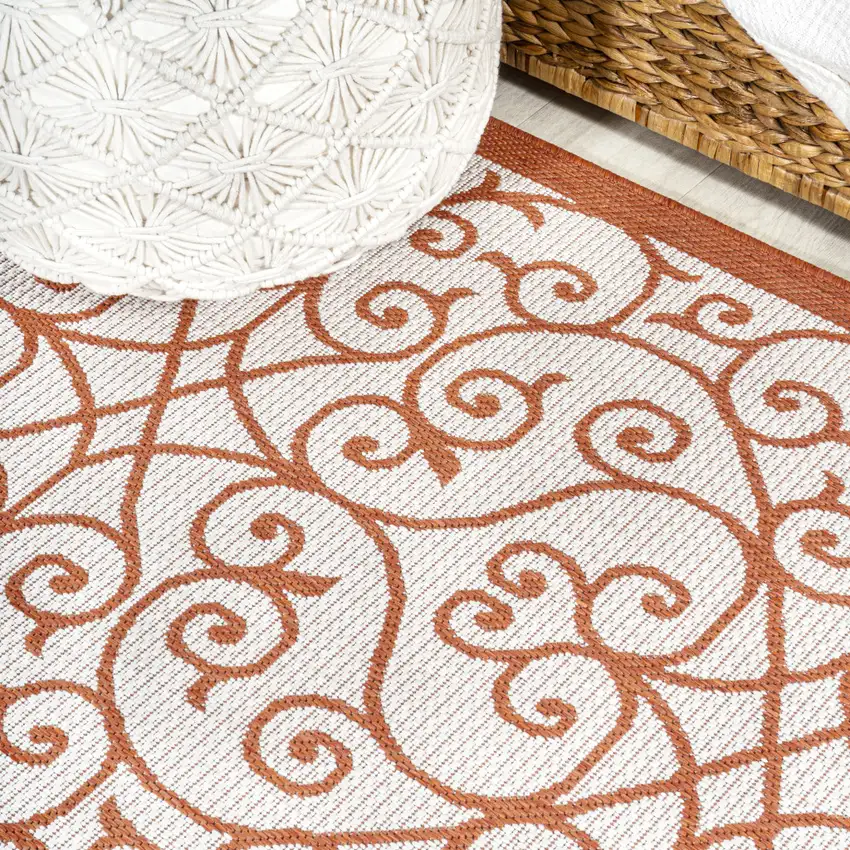5' Cream And Orange Round Geometric Indoor Outdoor Area Rug Photo 8