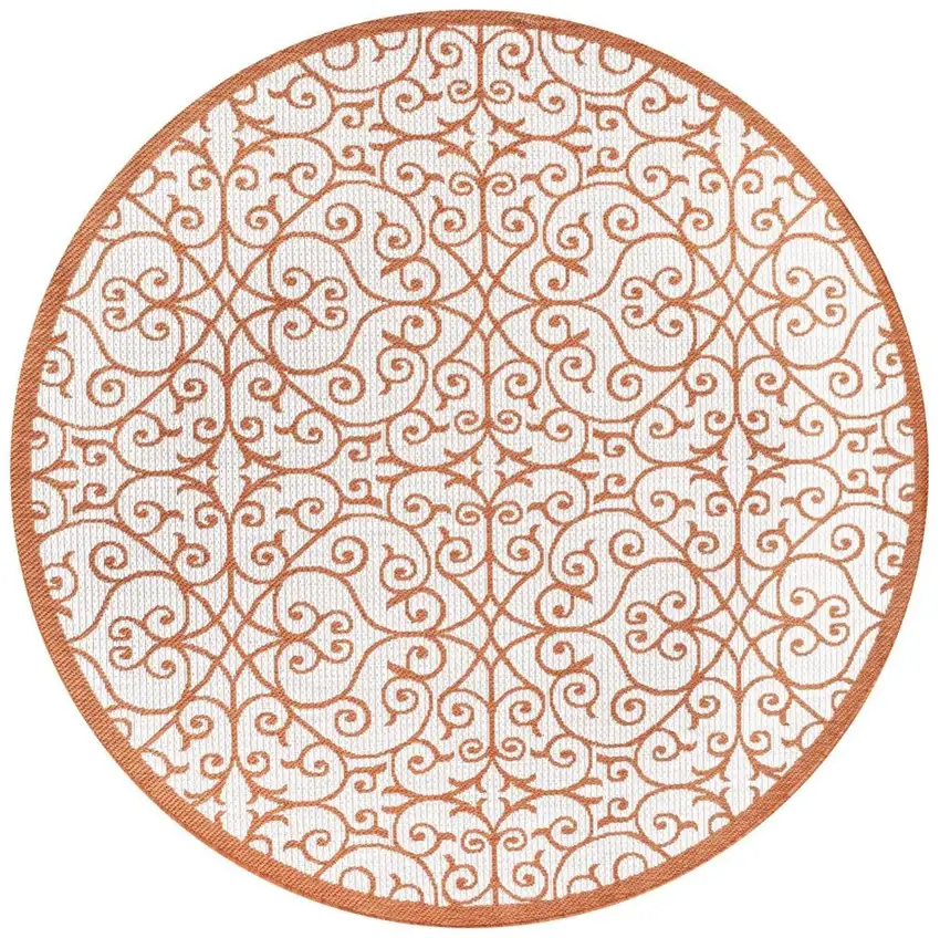 5' Cream And Orange Round Geometric Indoor Outdoor Area Rug Photo 3