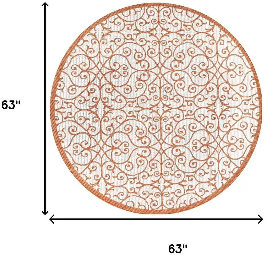 5' Cream And Orange Round Geometric Indoor Outdoor Area Rug Photo 9