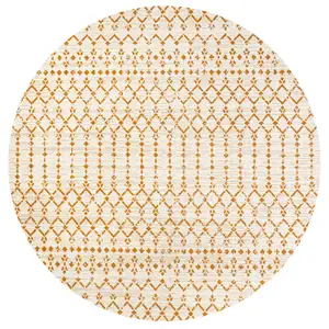 Photo of 5' Cream And Orange Round Trellis Indoor Outdoor Area Rug