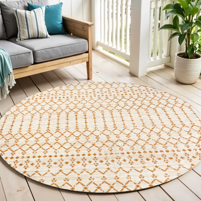 5' Cream And Orange Round Trellis Indoor Outdoor Area Rug Photo 1