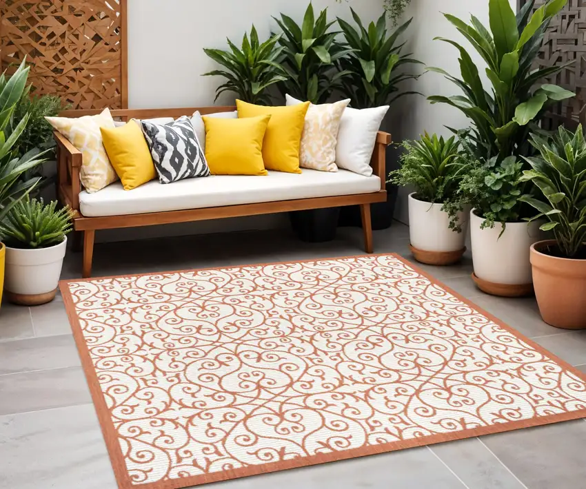 5' Cream And Orange Square Geometric Indoor Outdoor Area Rug Photo 1