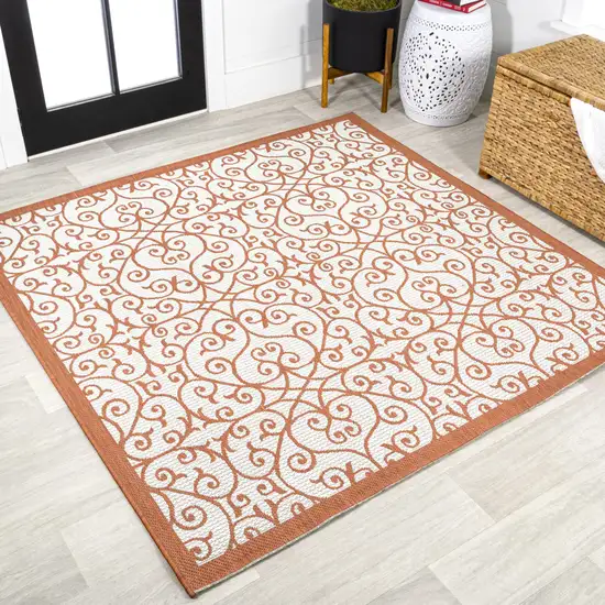 5' Cream And Orange Square Geometric Indoor Outdoor Area Rug Photo 4