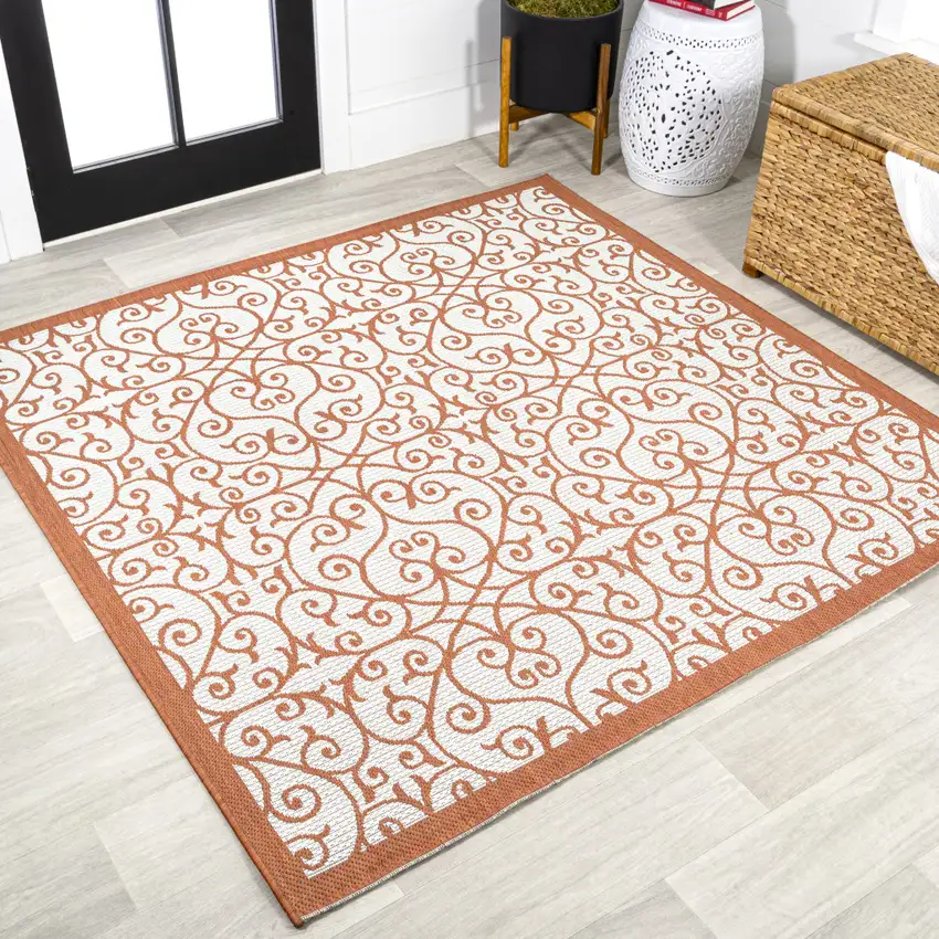 5' Cream And Orange Square Geometric Indoor Outdoor Area Rug Photo 4