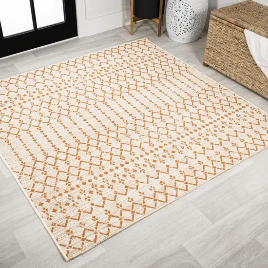 5' Cream And Orange Square Trellis Indoor Outdoor Area Rug Photo 3