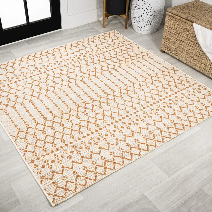 5' Cream And Orange Square Trellis Indoor Outdoor Area Rug Photo 3