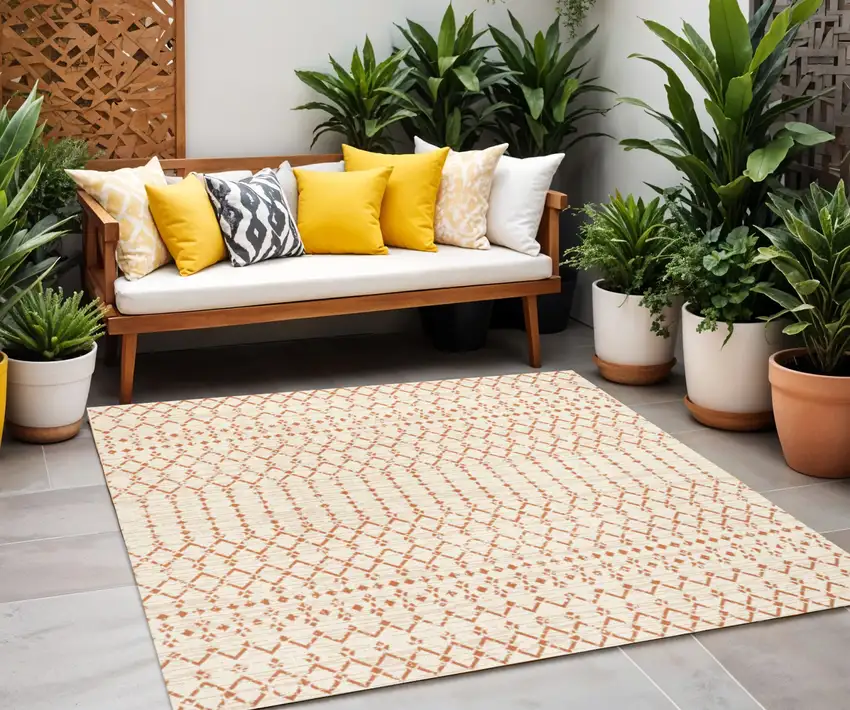 5' Cream And Orange Square Trellis Indoor Outdoor Area Rug Photo 1