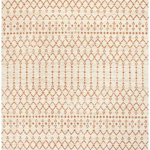Photo of 5' Cream And Orange Square Trellis Indoor Outdoor Area Rug