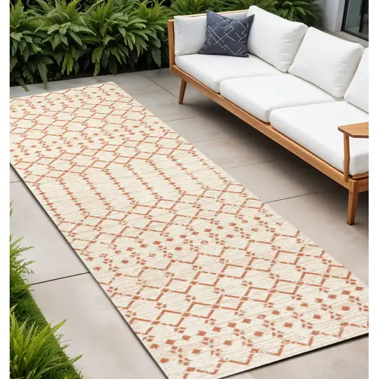 10' Cream And Orange Trellis Indoor Outdoor Runner Rug Photo 1