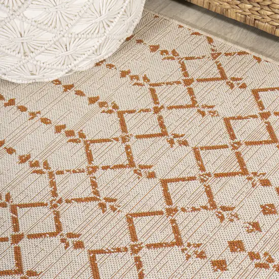 10' Cream And Orange Trellis Indoor Outdoor Runner Rug Photo 7