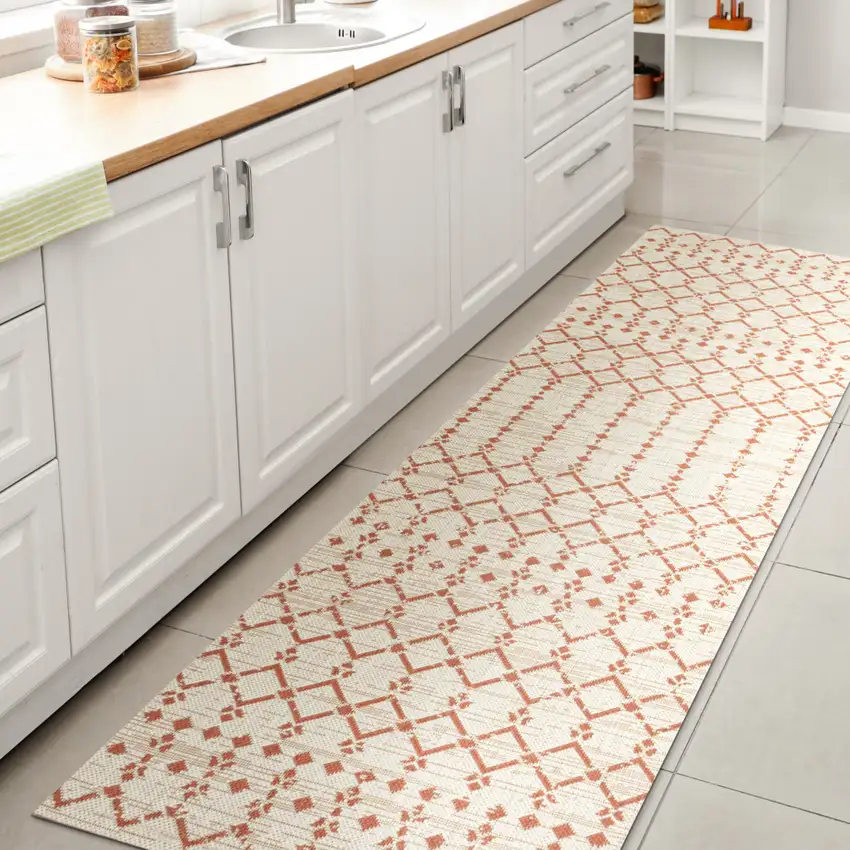 8' Cream And Orange Trellis Indoor Outdoor Runner Rug Photo 6