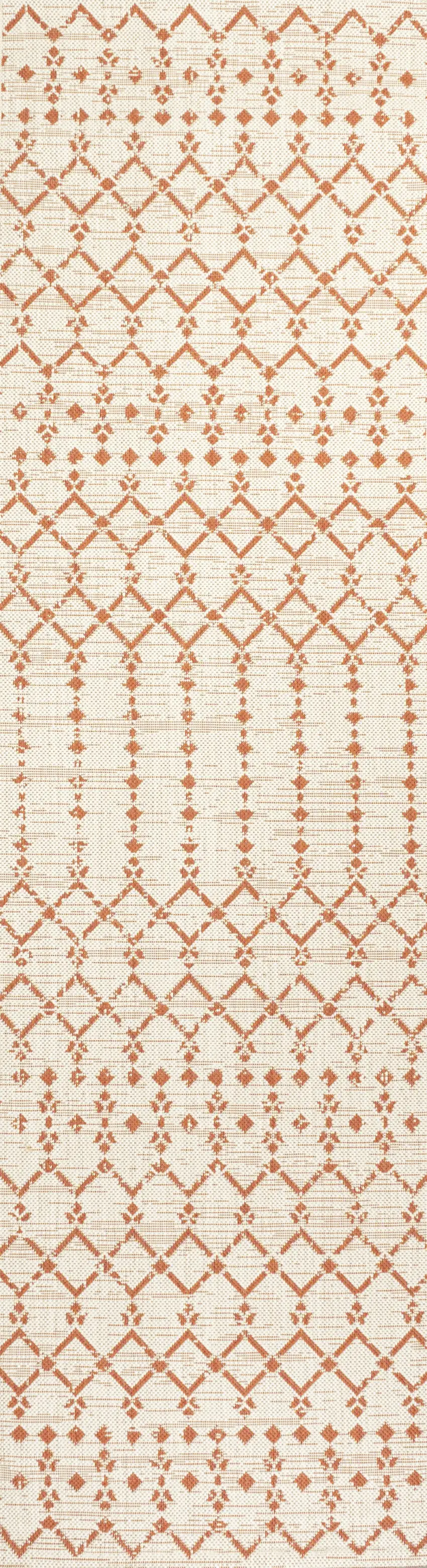 8' Cream And Orange Trellis Indoor Outdoor Runner Rug Photo 3
