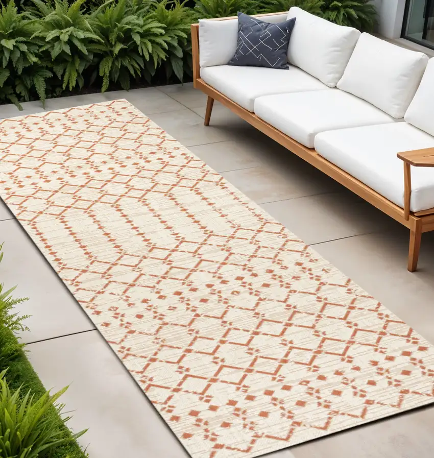 8' Cream And Orange Trellis Indoor Outdoor Runner Rug Photo 1