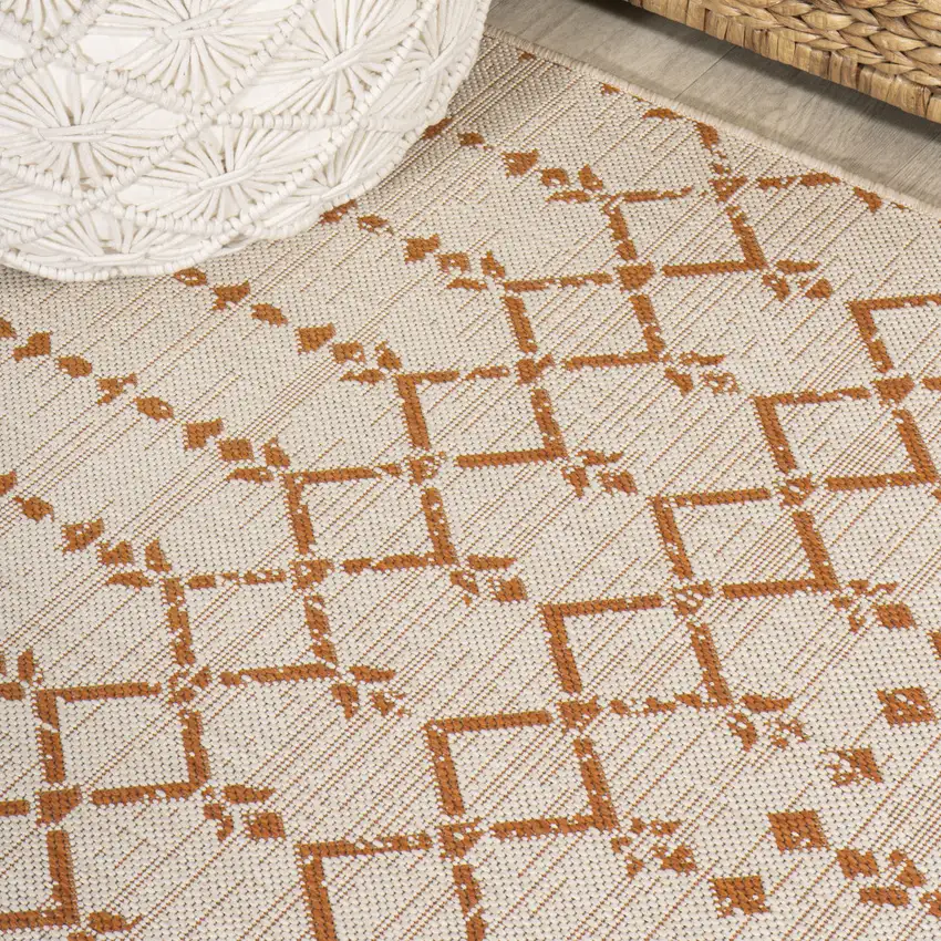 8' Cream And Orange Trellis Indoor Outdoor Runner Rug Photo 7